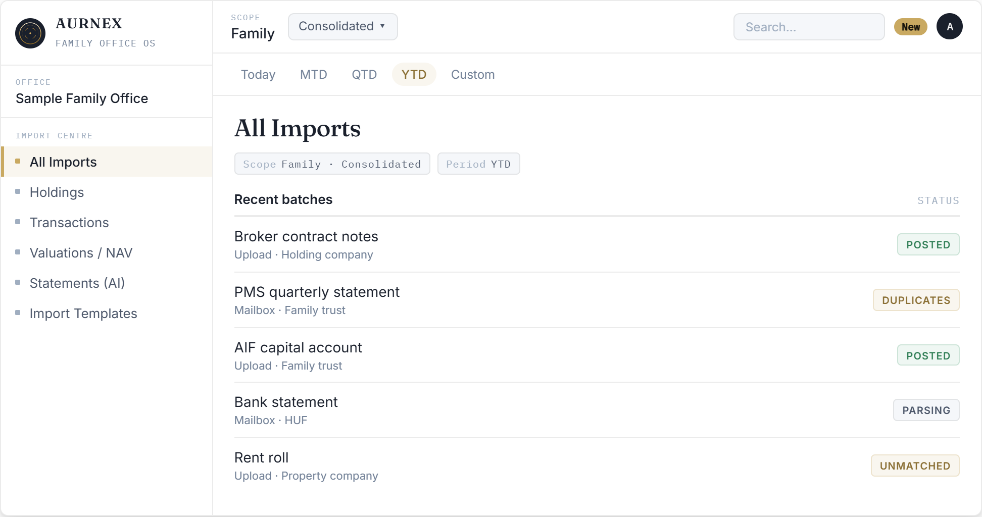 Aurnex Import Centre showing a queue of statement batches with statuses: posted, duplicates, parsing, unmatched.